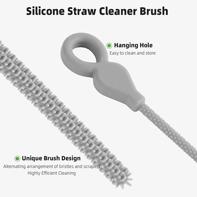 Silicone Straw Cleaner Brush, 4-Piece Reusable Straw Brush Set with Extra-Long Design for Cleaning Thin Metal Straws and Wider Milkshake Straws （6mm+9mm Gray)