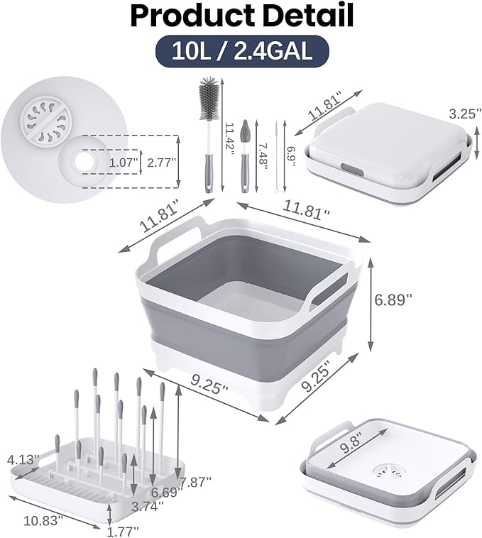 Collapsible Wash Basin for Baby Bottles - Portable 2.4 Gallon Dish Tub with Drying Rack & Lid, Foldable Sink for Camping, Outdoor Space-Saving Tub for Kitchen, RV, Camping, Outdoor Use