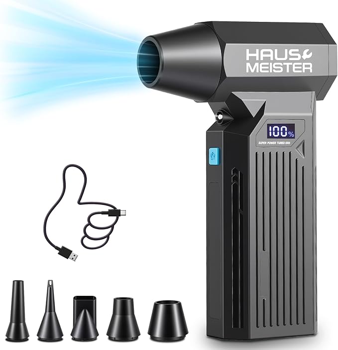 Electric Air Duster Rechargeable, HAUSMEISTER Airflex Turbo 150,000 RPM Compressed Air Blower for Heavy-Duty Car Detailing & PC, 5200mAh Cordless with Smart LED Display, 4-Gear