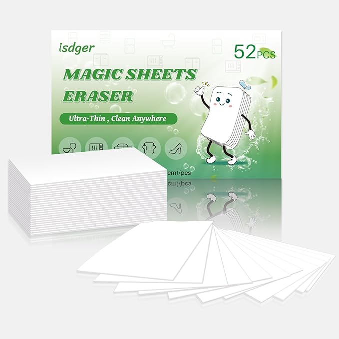 52 PCS Magic Sheet Eraser Sponge, GRS Certified, Ultra Thin for Cleaning Hard-to-Reach Place, Disposable & Portable, Deep Clean with Water Only for Cup Plate Sink Kitchen Bathroom