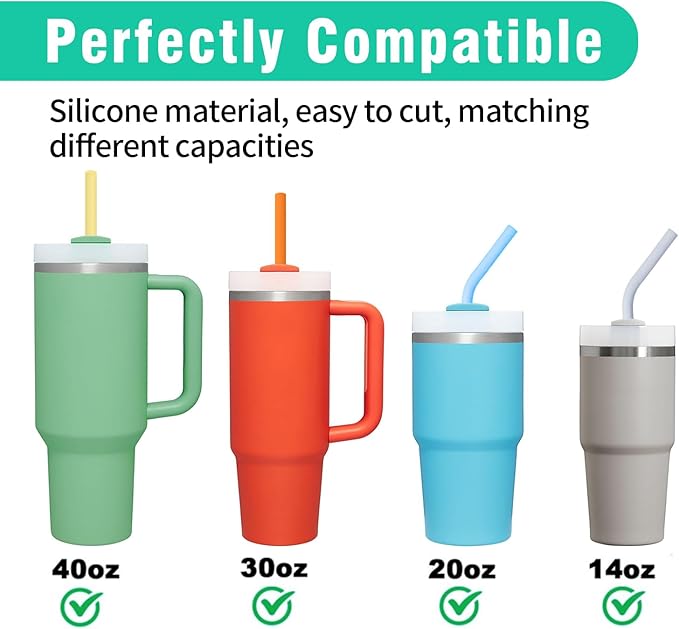8 Pack Multicolor Silicone Stanley Straw Replacement 40 oz 30 oz,Reusable Long Straws with Cleaning Brush for Simple Modern Stanley Cup Accessories