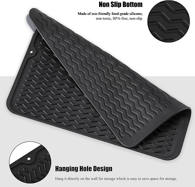 Large 17" x 14" Silicone Dish Drying Mat for Kitchen Counter, Easy clean, Quick Dry, Heat-resistant Dish Drainer Mat for Sink,Refrigerator or Drawer liner (Food Grade Silicone-Beige)