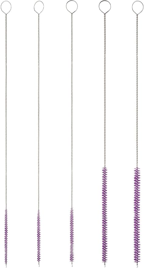 10" Tube Cleaning Brush Set, 5 Pack Small, Extra Long Nylon Straw Brushes with Flexible Handles for Bottles, Cleaning Straws, Pipe Cleaners, Keyboard, Glass, Guns, Detailing and Deep Cleaning, Purple