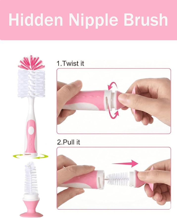 5 in 1 Baby Bottle Brush Set, Bottle Cleaner, 2Pcs Bottle Brush with Stand, 2 Hidden Nipple Brush, 2 Straw Brush, 1 Lid Brush, Nylon Bottles Brush Cleaner for Baby Bottle, BPA-Free(Pink)