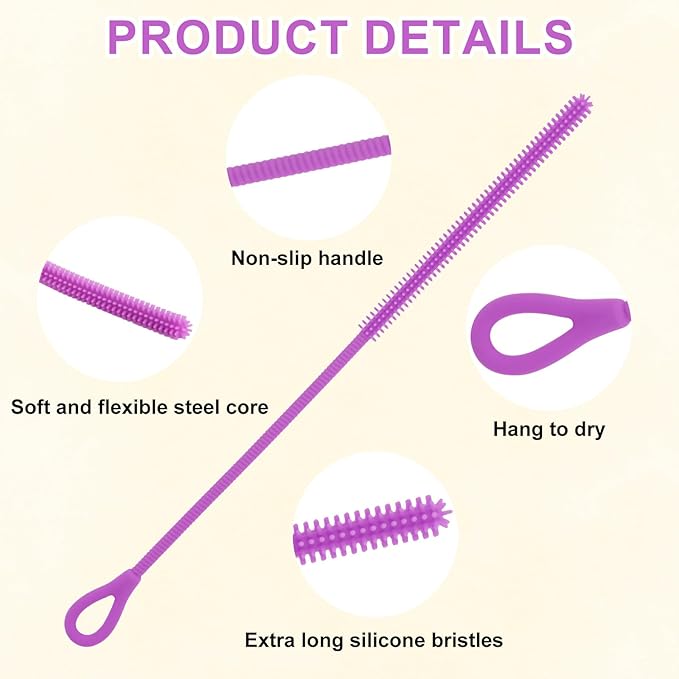 3pcs Silicone Straw Cleaner Brush Set, Reusable Extra Long Drinking Straw Cleaning Accessories Brush with 3mm 6mm 9mm Multi-Size Cleaning Tools for Stanley (Purple)