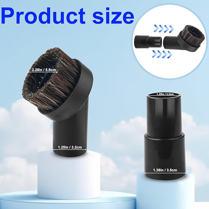 3pcs Horse Hair Brush Vacuum Attachments, 1.25'' Black Round Dust Brush Replacement with 1-1/4'' to 1-3/8'' Hose Adapter Tool for Hard-to-Reach Areas, Most Vacuum Cleaners Accessories