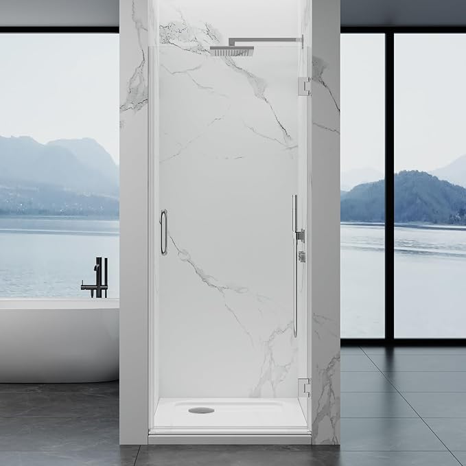 Framelss Hinged Shower Door, 32" W x 76" H Single Swing Pivot Shower Door, 3/8" (10mm) Tempered Glass with Nano Coating, Stainless Handle, Glass Door for Walk-in Shower - Bright Chrome