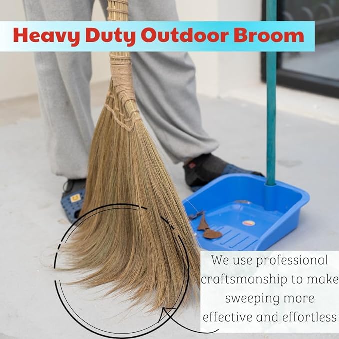 Outdoor Broom for Floor Cleaning, 43.3'' Length Heavy-Duty Natural Grass Broom for Sweeping Concrete Courtyard Garage Patio Indoor Home Kitchen Office Lobby