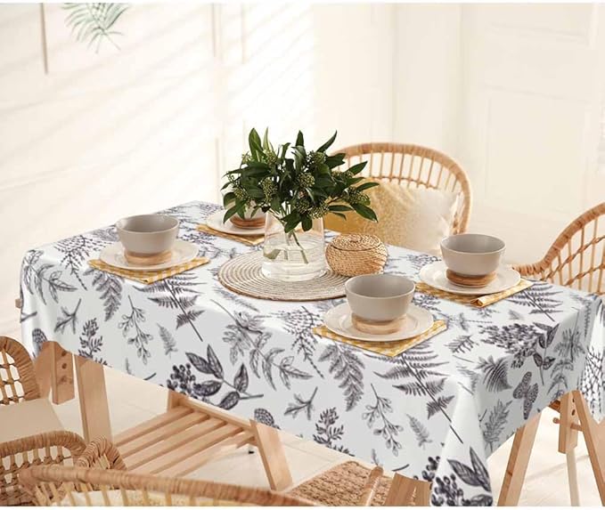 Vintage Floral Table Cloth Rectangle Table Black White Leaves of Ferns Berry Butterfly 52x70 Tablecloths Decorative for Dining Kitchen Banquet Picnic Party