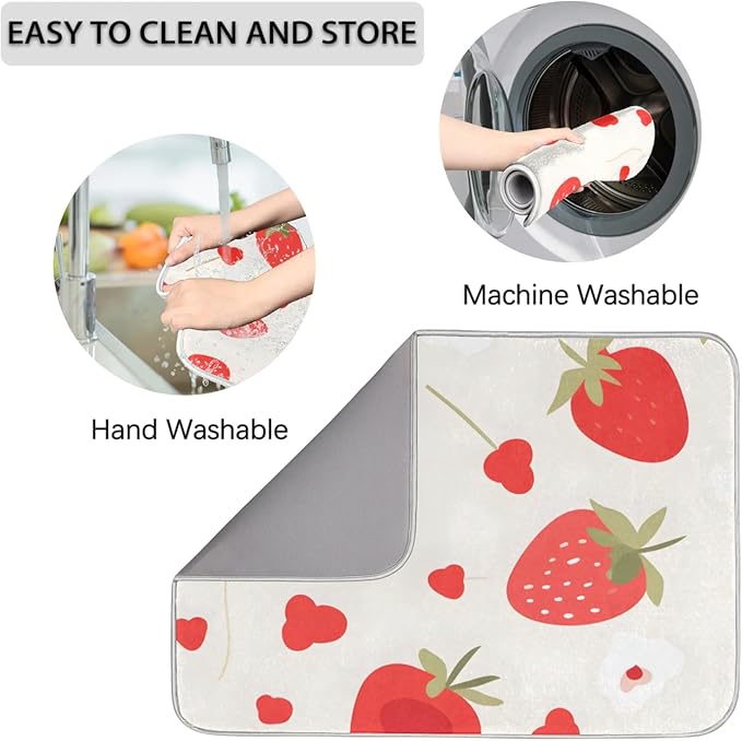 Dish Drying Mat for Kitchen Absorbent Drying Mat Reversible Dish Drying Pad Dish Drying Mats for Kitchen Counter Utensils Pots Water Cup Pink Strawberry
