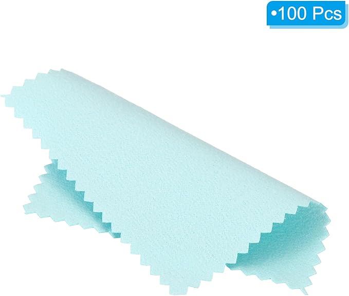 PATIKIL 3.15x3.15" Jewelry Cleaning Cloth, 100Pcs Individually Wrapped Double-Sided Microfiber Polishing Cloth for Silver Gold Brass Platinum Jewelry, Light Blue