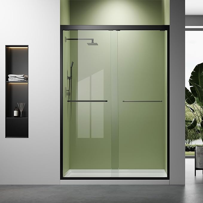 Shower Glass Door for Walk in,45"-48" W x 72" H with ANSI/SGCC Certified 1/4''(6mm) Tempered Glass Double Sliding Waterproof Design Black Stainless Steel Handles Hardware Shower Enclosure