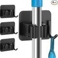 4 Pack Anti-Slip Broom Holder, Space-Saving, Damage-Free Wall Mount, Stainless Steel, Black