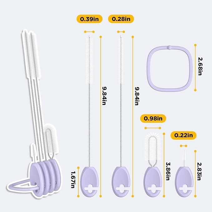 Straw Brush Set, 4 Piece Cleaner Kit with Standable Key Ring for Reusable Straws, Tumblers & Water Bottles – Designed for Kids & Adults, Purple