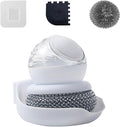 Dish Brush with Soap Dispenser, Steel Wool Scrubber with Replaceable Steel Wool, Pan Scraper and PET Scouring Pad, Wire Brush for Cleaning Cast Iron, Grill Pans, Stock Pots, Grills, Sinks (White)