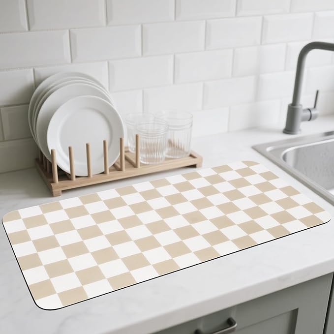 Checkered Dish Drying Mat for Kitchen Counter, Absorbent Non-Slip Coffee Mat, Heat Resistant Mat for Countertops Coffee Bar Decor 17" x 32" Khaki