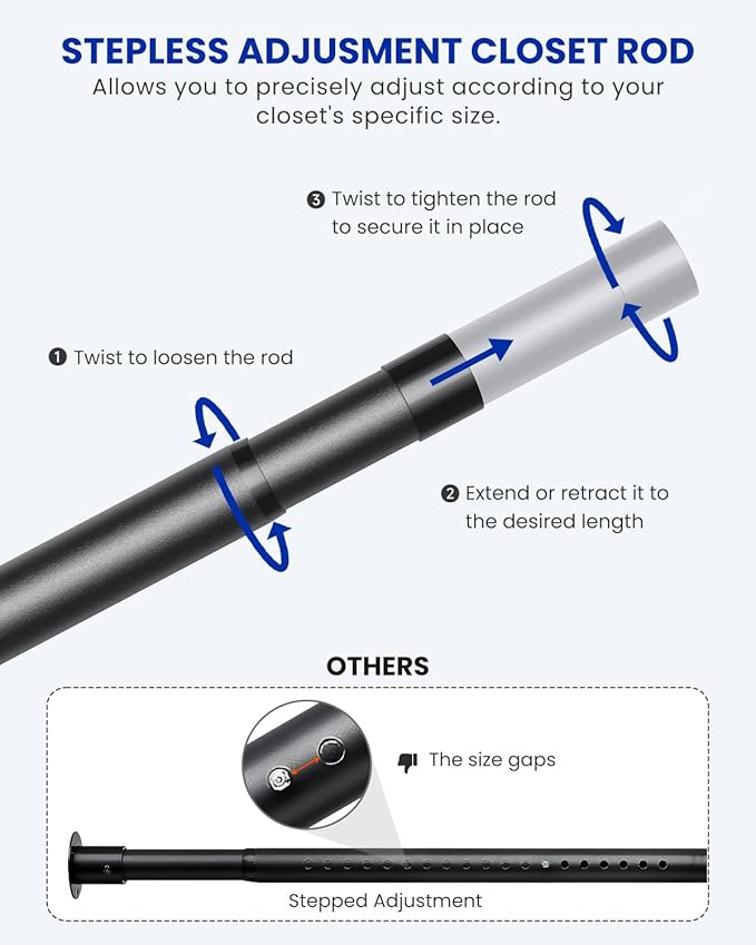 3 PACK Closet Rods for Hanging Clothes, 17 to 54 Inches Stepless Adjustable Metal Closet Rod, 1.3 Inches Heavy Duty Clothes Hanging Rod for Closet Wardrobes Laundry RV, Black