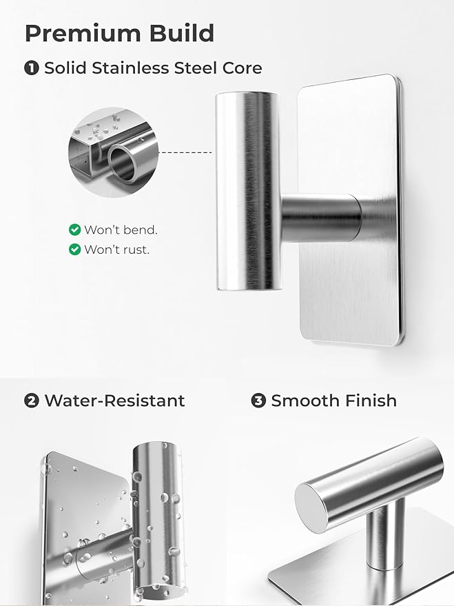 Towel Hooks for Bathrooms – 2 Pack, Brushed Silver Finish, T-Shaped Stainless Steel Adhesive Wall Hooks for Robes & Towels in Kitchen, Shower, or Closet
