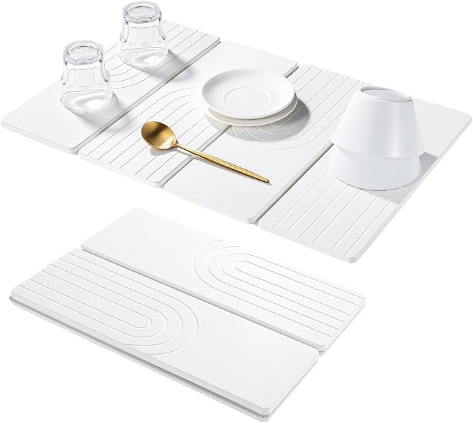 Large Stone Dish Drying Mat for Kitchen Counter, Quick Dry Stone Dishes Mats, 23.6"(L)×15.4"(W), Water Absorbing Diatomaceous Earth Drying Pad for Countertop Bottles Utensils Cups, White