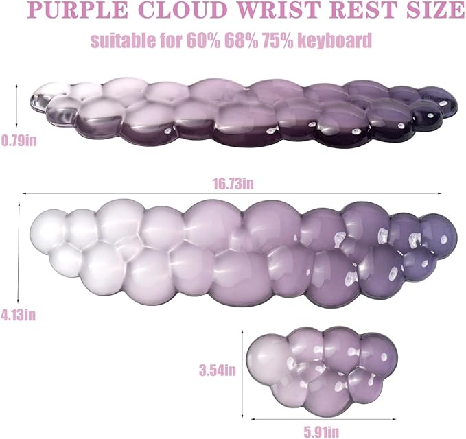 Ergonomic Cloud Silicone Gel Keyboard and Mouse Wrist Rest Set – Clear Wrist Rest for Computer Keyboard 60%/68%/75%, Comfort & Support for Typing and Gaming (Grey Purple)