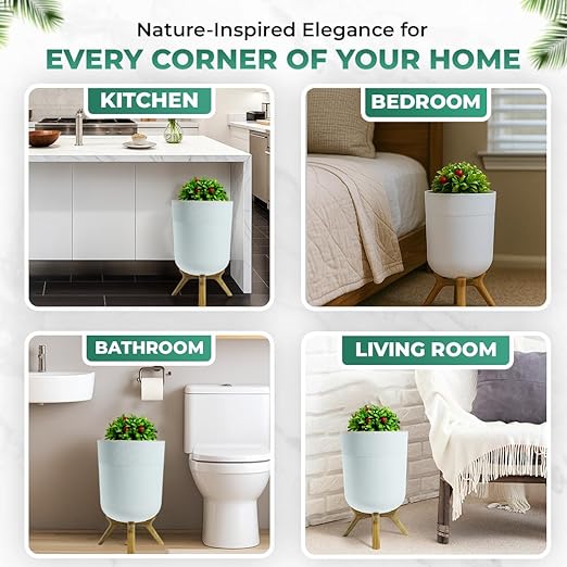 Small Bathroom Trash Can with Plant Style Lid, 1.8 Gallon, White, Small Bathroom Garbage Can, Decorative Wastebasket for Bedroom, Office, and Bathrooms, Trash Bin That Looks Like a Plant