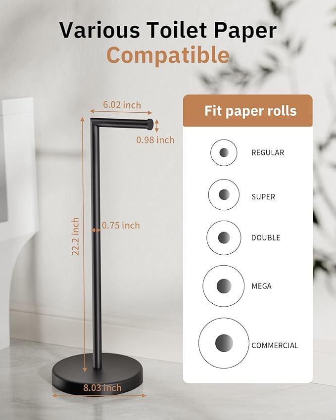 BWE Bathroom Toilet Paper Holder Stand Matte Black SUS304 Stainless Steel RV Modern Freestanding Toilet Paper Roll Holder for Bathroom and Washroom with Heavy Weighted Base