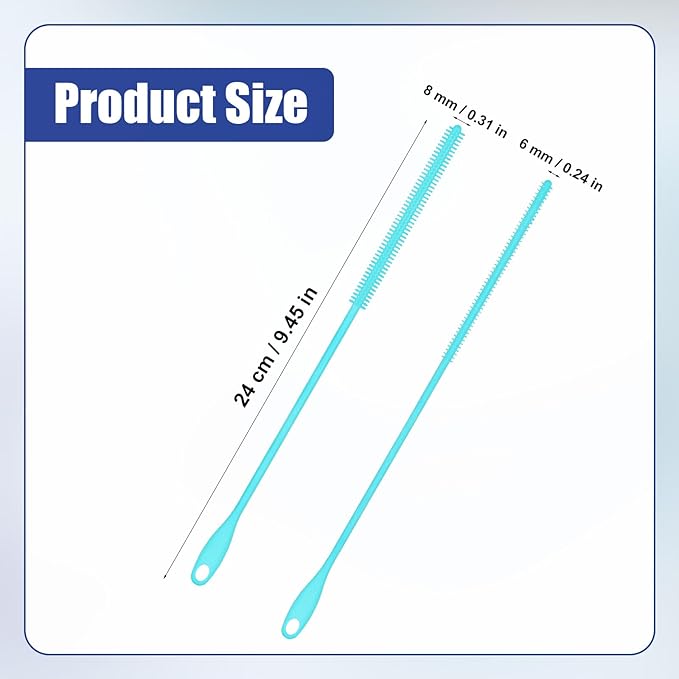 2pcs Silicone Straw Brushes, 6mm+8mm Extra Long Straw Cleaner Brush Reusable Hanging Straw Cleaning Brush Bendable Crevice Brush Pipe Cleaners for Glass Metal Straw (Blue)