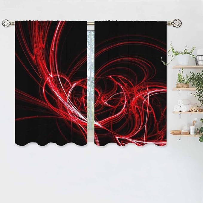 Red Circle Kitchen Curtains Abstract Red Circles Lines Black Mystical Short Tier Curtains for Bathroom Cafe Small Window Drapes Treatment 2 Panels (27.5x39 Inch)