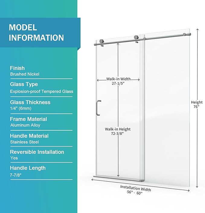 Abruzzo 76" Tall Frameless Single Sliding Shower Door - Adjustable 56" to 60" Width, 1/4" (6mm) Tempered Glass with Safety Film, Brushed Nickel Finish for Walk-in Showers, Space Saving Design