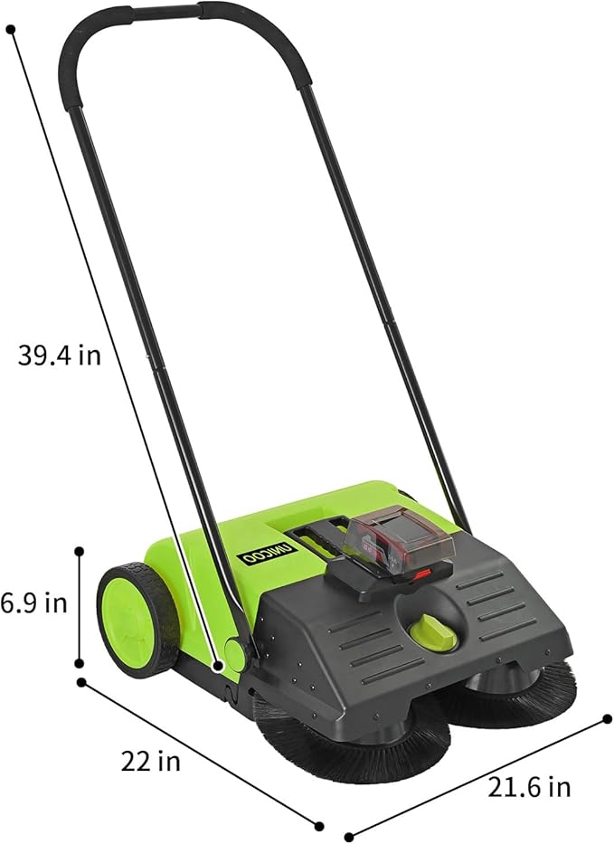 UNICOO® Electric Hand Push Floor Sweeper – Battery Powered Walk-Behind Sweeper with Dual Brush Rollers, 23" Sweeping Width & 6.6 Gallon Waste Bin – Indoor/Outdoor Push Sweeper (Green)