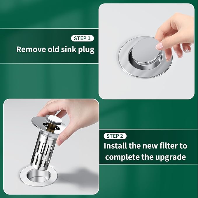 3 in 1 Sink Drain Strainer with Hair Catcher,Stainless Steel Popup Sink Stopper with Basket for Bathroom Kitchen Shower,Pop-up Bounce Core Floor Basin Drain Filter,Replacement Sink Plug 1PCS