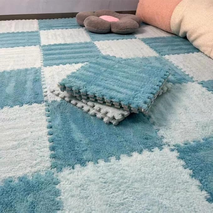 12Pcs Interlocking Carpet Tiles,12"x 12" Plush Interlocking Foam Carpet Tile with Border,Fluffy Play Mat Floor Tiles Thick Padded Squares Foam Tile for Playroom Decor (Light Blue+Dark Blue)