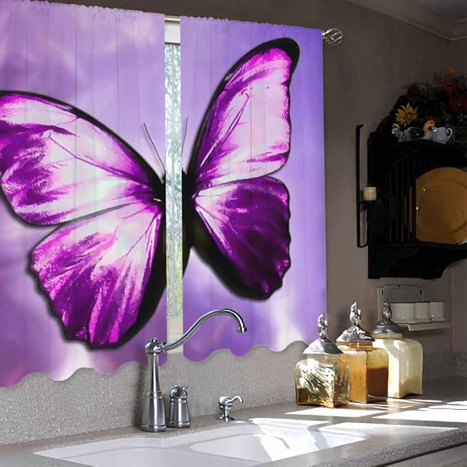 Purple Butterfly Kitchen Curtains Magical Mystical Beautiful Butterfly Short Tier Curtains for Bathroom Cafe Small Window Drapes Treatment 2 Panels (27.5x39 Inch)