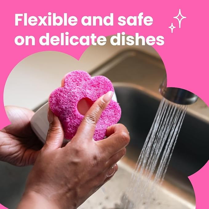 Scotch-Brite Brite Blooms Extra Gentle Scrub Sponge, Dishwasher-Safe Kitchen Sponge for Cleaning Delicate Surfaces, Pink Spring Flower Dish Sponges Made with 100% Recycled Fibers
