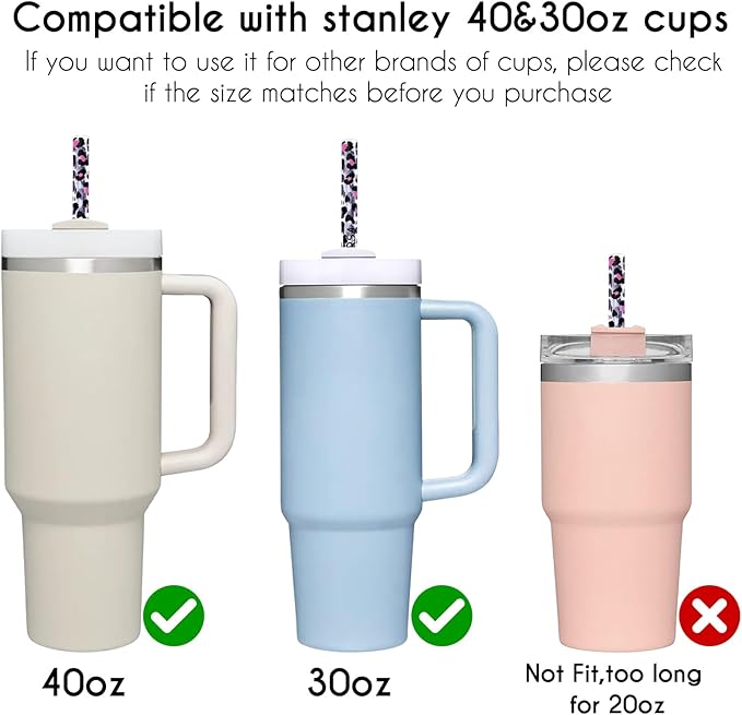 AIERSA 6 Pack Leopard Straw Replacement 40oz for Stanley,Plastic Reusable Straw for Stanley Adventure Quencher Travel Tumbler,Long Straws with Cleaning Brush for Stanley Cup Accessories