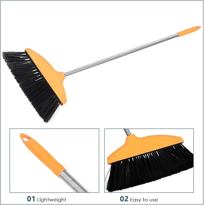 Housoutil Soft Bristle Broom with Dustpan Set, Stainless Steel Handle Floor Broom for Pet Hair and Hair Removal, Wide Angle Indoor Outdoor Sweeping Tool for Home Kitchen Office Cleaning