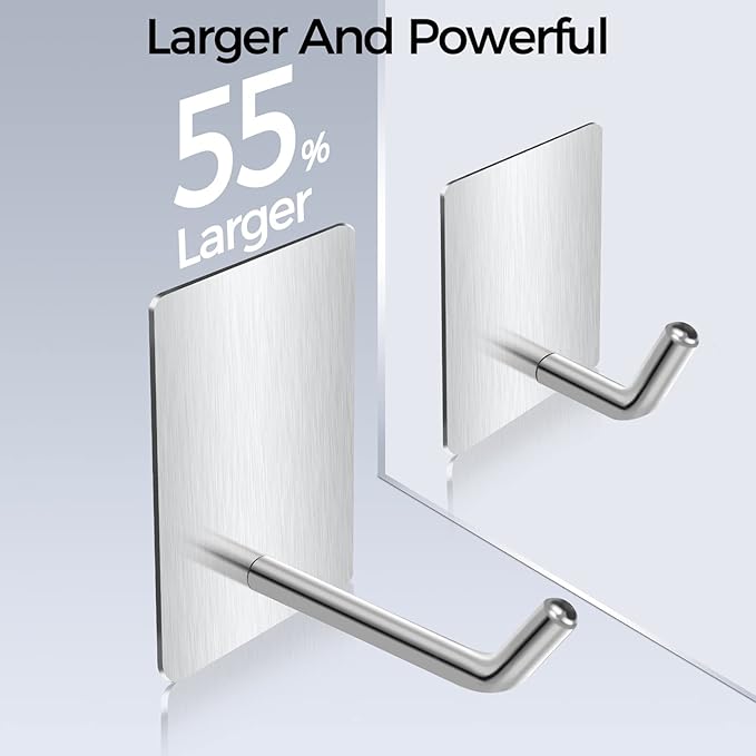 Adhesive Hooks Heavy Duty, Long Stainless Steel Self Adhesive Wall Hook, Sticky Towel Hangers for Kitchen Bathroom, Waterproof Stick on Door Hooks for Hanging Key Hat Coat 4Packs