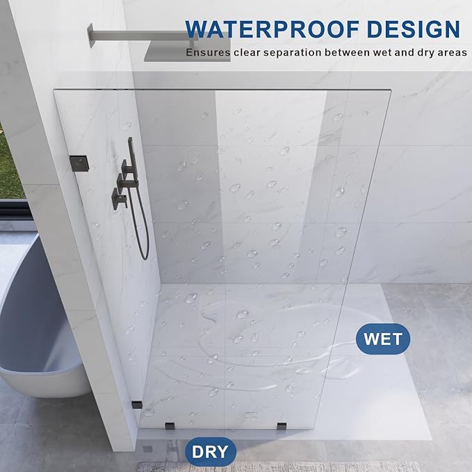30" W ×80" H Shower Glass Panel, Frameless Fixed Glass Shower Panel with Clamps, 3/8" (10mm) Thick Clear Certified Tempered Shower Door, Bathroom Shower Screen in Matte Black UKH07B2-30X80-MBL