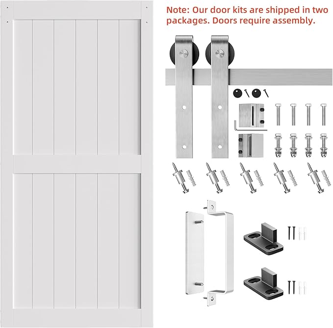 SmartStandard 42 x 96 inch White Sliding MDF Barn Door with 7FT Brushed Nickel Sliding Door Hardware Kit & Handle, Pre-Drilled Ready to Assemble, Waterproof PVC Coating, H-Frame