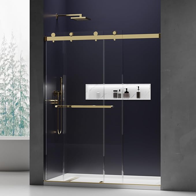 56-60 in. W x 76 in. H Double Sliding Frameless Shower Door, 5/16" (8mm) Tempered Glass with Double Nano Coating, Easy-to-Clean Bathroom Glass Door （Brushed Gold）