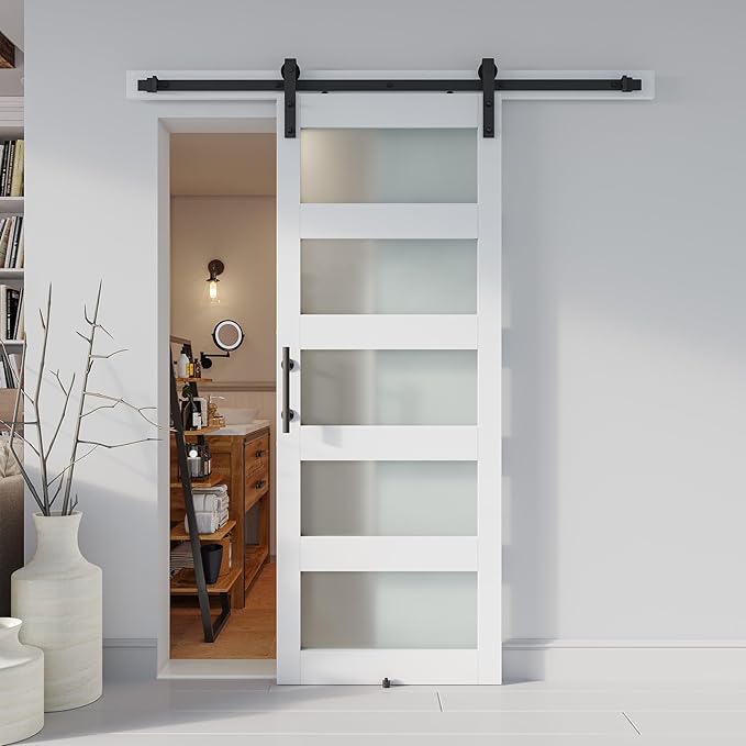 34'' x 84'' Glass Barn Door and 6 Ft Hardware Kit Included, MDF White Barn Door Slab with Frosted Glass, PVC Surface, Combined with Handle and Floor Guide-Assembly Required, White