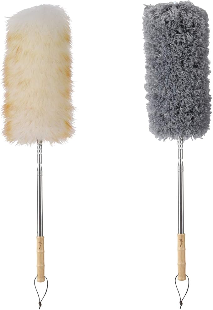 Lambswool and Microfiber Duster, 2 Counts, Long Reach/Extendable Duster Up to 86" for Cleaning High Ceiling Fan, Interior Roof, Cobweb, Keyboard, Furniture