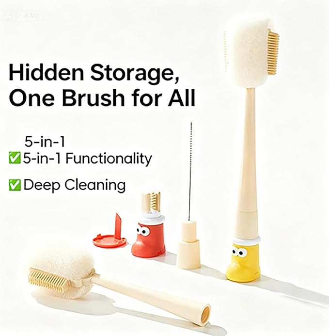 5-in-1 Multifunctional Cup Brush, Bottle Cleaning Set with Rim Brush, Gap Brush, Silicone Head, Sponge Head and Straw Brush (Blue)