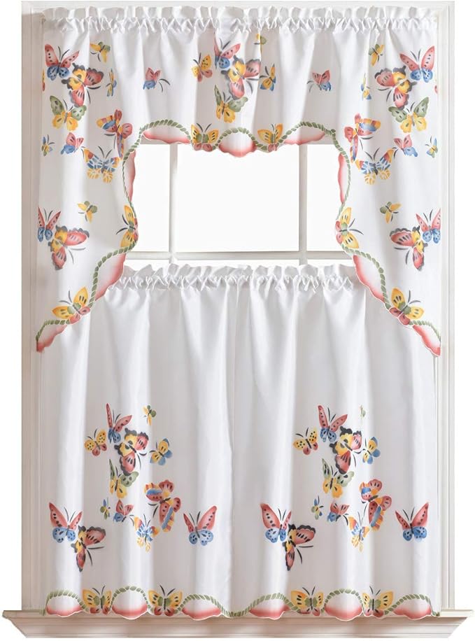 GOHD - 3pcs Kitchen Curtain/Cafe Curtain Set, Air-Brushed by Hand of Flying Butterfly Design (Swag & 36" Tiers Set)