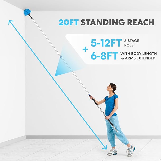 Simpli-Magic 5-to-12 Foot Cobweb Duster with Extension Pole Combo (20 Ft Reach, Medium-Stiff Bristles), Spider Web Brush with Pole - Hand-Packaged, Lightweight, 3-Stage Aluminum Pole