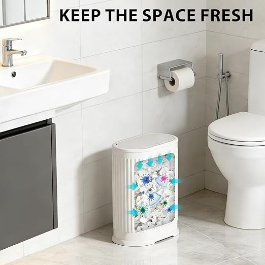 1.8 Gallon Bathroom Trash Can with Lid Press-Top, Small White Stainless Steel Garbage Can with Removable Inner Bucket, Slim Fit Narrow Spaces for Bedroom Office