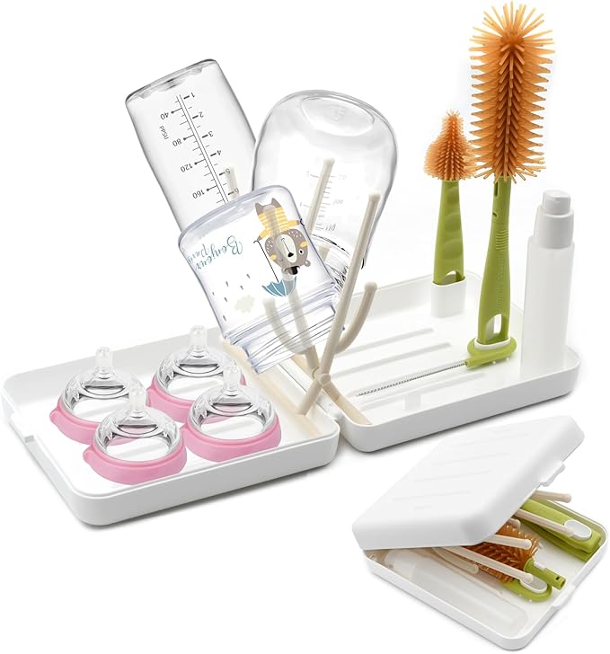 Portable Baby Bottle Brush Kit Premium Silicone Bottle Cleaner Brush, Nipple Brush, Straw Brush, Soap Dispenser, Bottle Drying Rack, and a Storage Organizer Case for Both Home and Travel Uses (White)