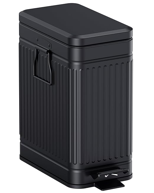 Small Bathroom Trash Can with Lid Soft Close, 6L / 1.6 Gallon Stainless Steel Small Garbage Can with Step Pedal, Slim Waste Basket for Bedroom, Toilet, Office - White