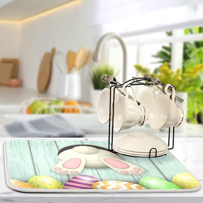Happy Easter Eggs Bunny Tail Dish Drying Mat 16x18 for Kitchen Easter Day Rabbit Flowers Dishes Pad Dish Drainer Rack Mats Absorbent Fast Dry Kitchen Accessories