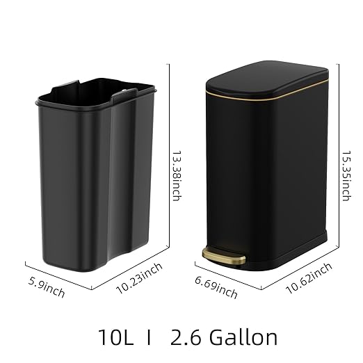 2.6 Gallon Slim Bathroom Trash Can with Soft Close Lid, 10L Stainless Steel Garbage Can with Removable Liner Bucket, for Narrow Spaces, Bathroom, Bedroom (Matt Black)
